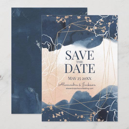 Abstracte Blue Blush Gold Waterverf Luxe Save The Date (Voorkant / Achterkant)