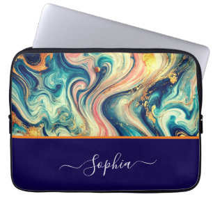 abstracte Blue&Gold-wervelingen - Naam toevoegen Laptop Sleeve