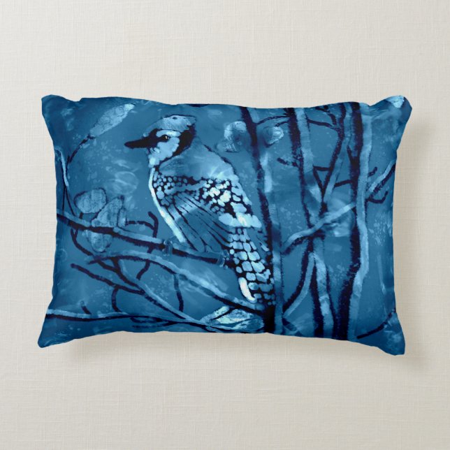 Abstracte Blue Jay Bird in Tree Branches Vogels Accent Kussen (Achterkant)