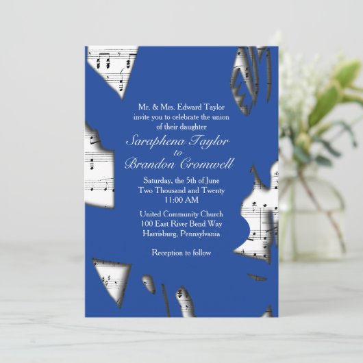 Abstracte Blue Music Wedding Theme Invitation Kaart (Staand voorkant)
