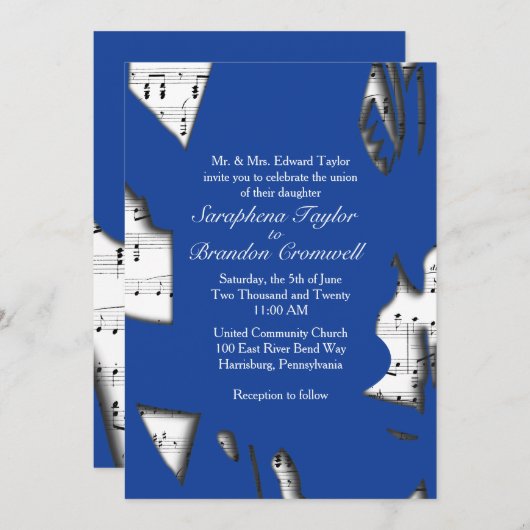 Abstracte Blue Music Wedding Theme Invitation Kaart (Voorkant / Achterkant)