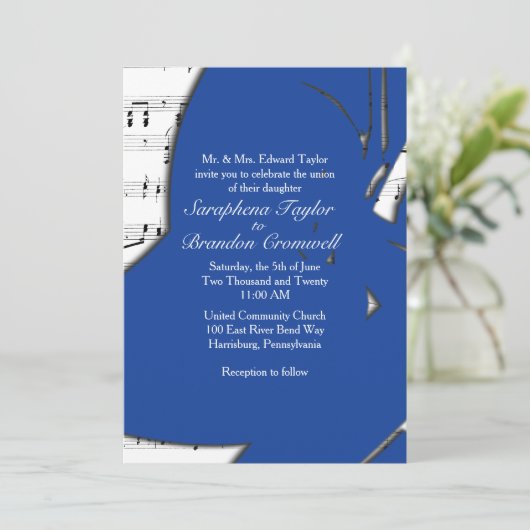 Abstracte Blue Music Wedding Theme Invitation Kaart (Staand voorkant)