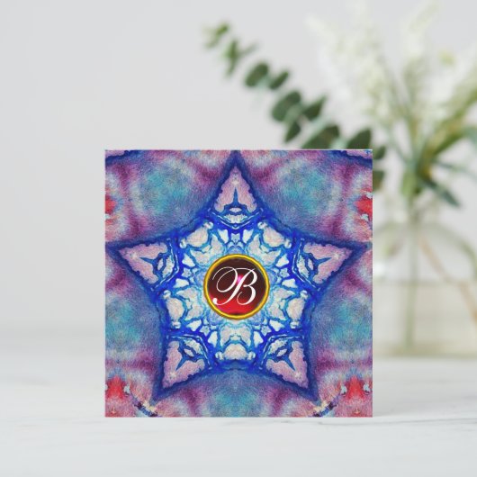 ABSTRACTE BLUE STAR RED RUBY GEM STONE MONOGRAM KAART (Staand voorkant)