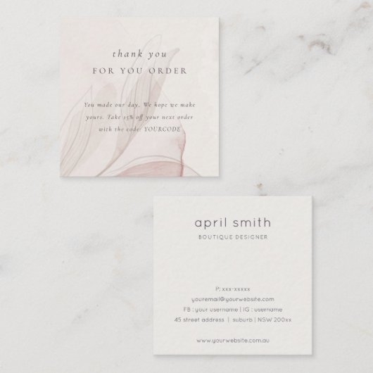 Abstracte blush bladvulling Dank je korting Vierkante Visitekaartje (Voorkant / Achterkant)