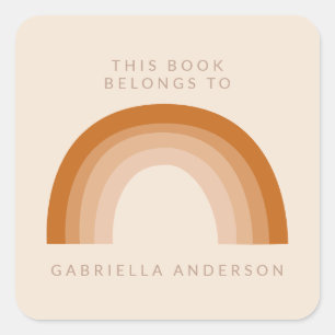 Abstracte Boho 70s Rainbow Terracotta Bookplate Vierkante Sticker