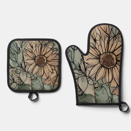 Abstracte Boho bloemensalie en beige Ovenwant & Pannenlap Set (Voorkant)