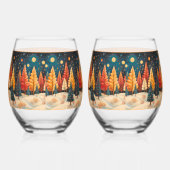 Abstracte Bomen Sinaasappel Rood Geel Groen Wijnglas Zonder Voet (Links)