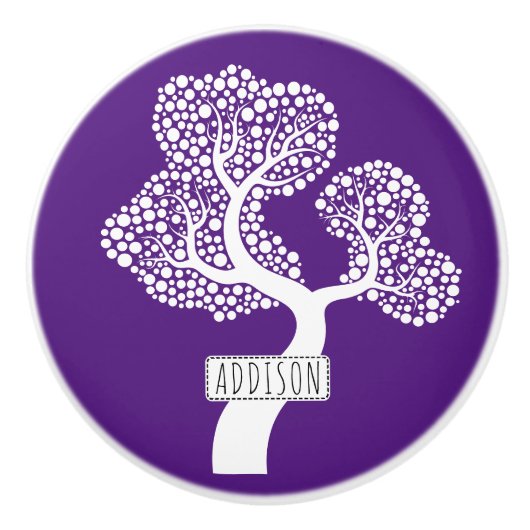 Abstracte boom met cirkels en naam royal paars keramische knop (Voorkant)