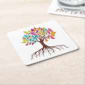 Abstracte boom met wortels en kleurrijke bladeren. kartonnen onderzetters (Schuin)