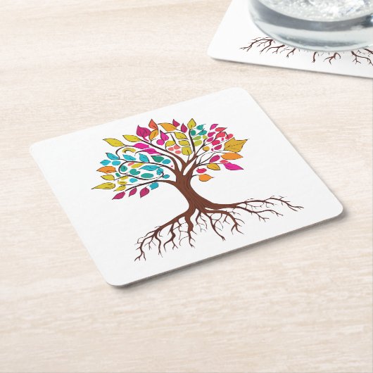 Abstracte boom met wortels en kleurrijke bladeren. kartonnen onderzetters (Schuin)