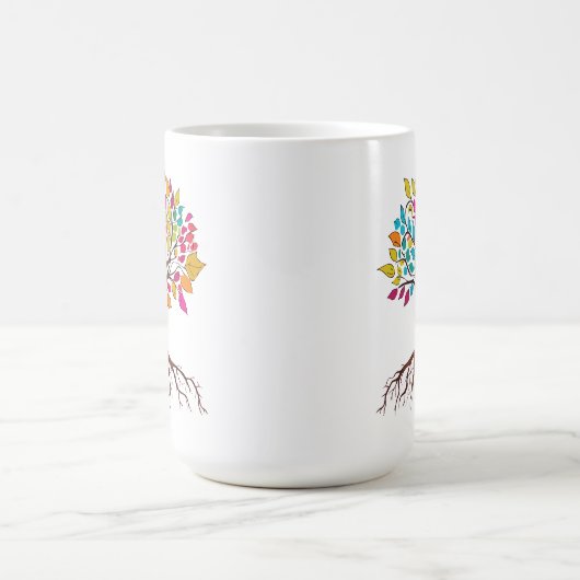 Abstracte boom met wortels en kleurrijke bladeren. magische mok (Midden)