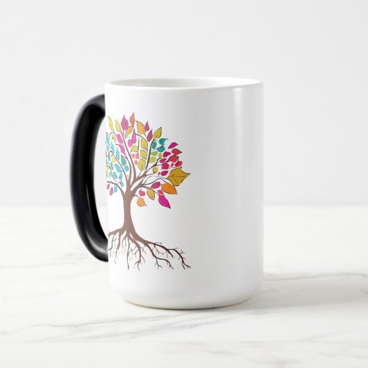 Abstracte boom met wortels en kleurrijke bladeren. magische mok (Voorkant links)