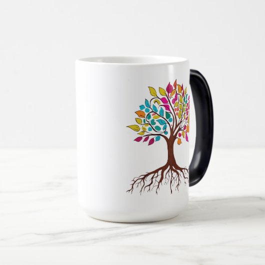 Abstracte boom met wortels en kleurrijke bladeren. magische mok (Voorkant rechts)