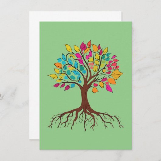 Abstracte boom met wortels en kleurrijke bladeren. notitiekaartje (Voorkant / Achterkant)