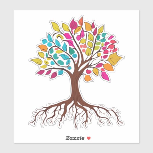 Abstracte boom met wortels en kleurrijke bladeren. sticker (Vel)