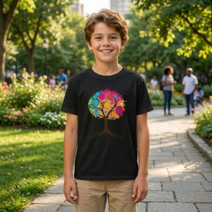 Abstracte boom met wortels en kleurrijke bladeren. t-shirt