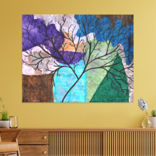 Abstracte boom silhouet op kleurrijke aquarel canvas afdruk