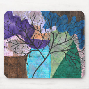 Abstracte boom silhouet op kleurrijke aquarel muismat