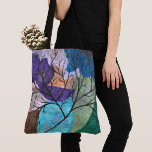 Abstracte boom silhouet op kleurrijke aquarel tote bag