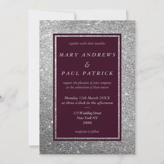 Abstracte bordeaux zilveren glitter luxe bruiloft kaart (Voorkant)