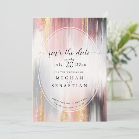 Abstracte borstelstreken Blush Gouden Houtskool Save The Date (Staand voorkant)