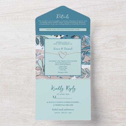 Abstracte botanische Blauwgroen bruiloft All In One Uitnodiging (Binnen)