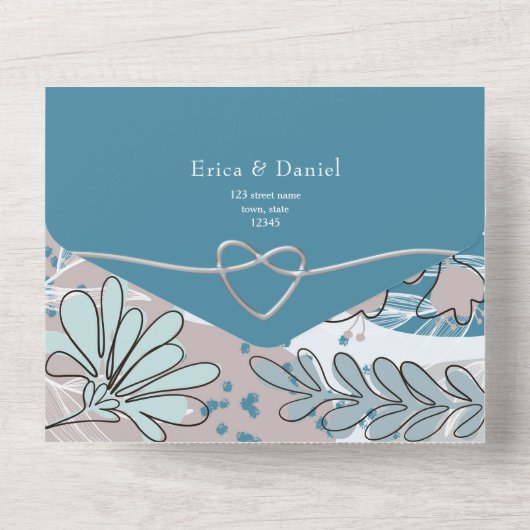 Abstracte botanische Blauwgroen bruiloft All In One Uitnodiging (Achterkant)