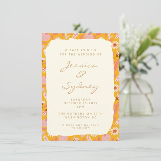 Abstracte botanische boho Fruit Yellow Wedding Kaart (Staand voorkant)
