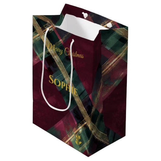 Abstracte Bourgogne & Green Plaid Kerst Custom Medium Cadeauzakje (Voorkant Gekanteld)
