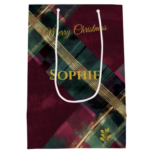 Abstracte Bourgogne & Green Plaid Kerst Custom Medium Cadeauzakje (Achterkant)