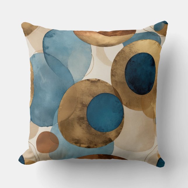 Abstracte bronzen, koperen en blauwe cirkels kussen (Voorkant)