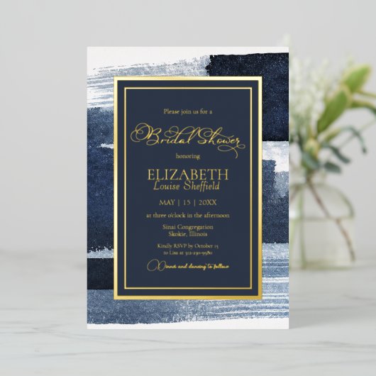 Abstracte bruidsdoucheuitnodiging | Goud Navy Blau Folie Uitnodiging (Staand Voorkant)