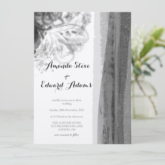 Abstracte bruiloft met zwarte en witte Floral Kaart (Staand voorkant)