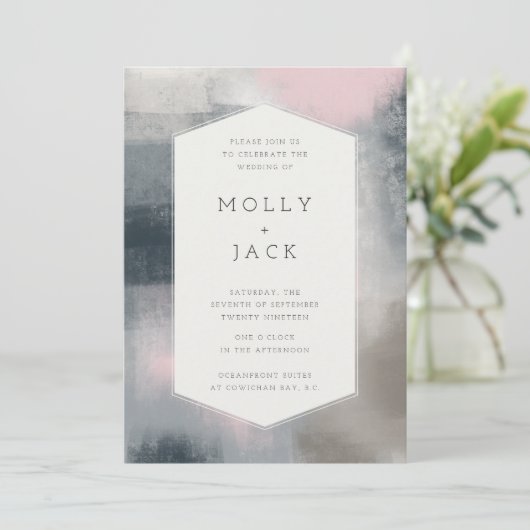 ABSTRACTE BRUILOFT UITNODIGING (MARINE/BLUSH) (Staand voorkant)