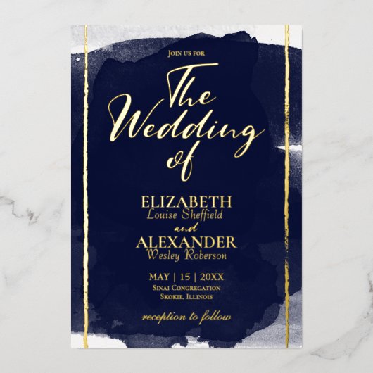 Abstracte bruiloft uitnodigingen | Navy Blue Gilde (Voorkant)