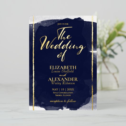 Abstracte bruiloft uitnodigingen | Navy Blue Gilde (Staand Voorkant)