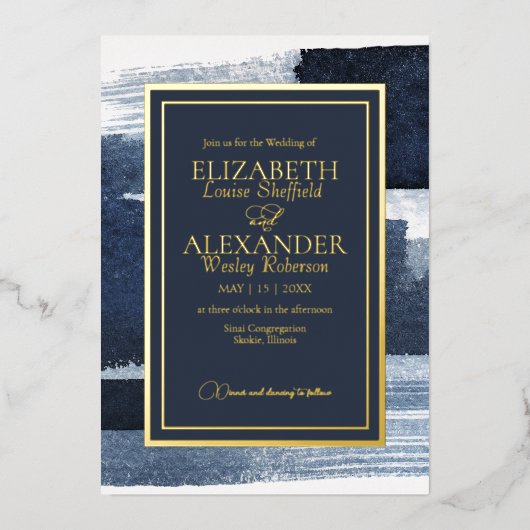 Abstracte bruiloft uitnodigingen | Navy Blue Gilde (Voorkant)