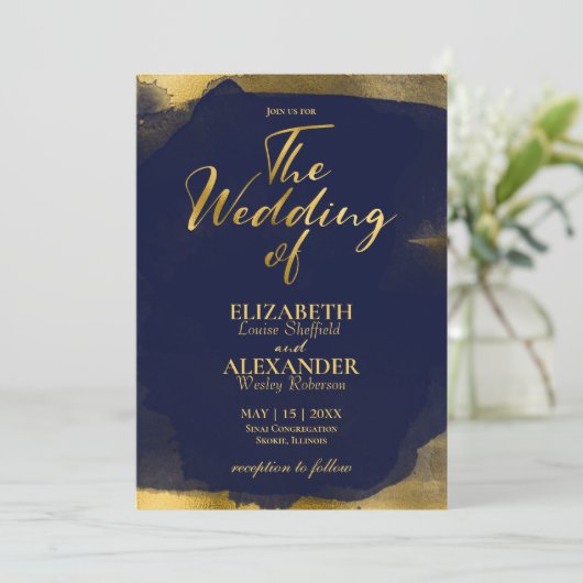 Abstracte bruiloft uitnodigingen | Navy Blue Gilde (Staand voorkant)