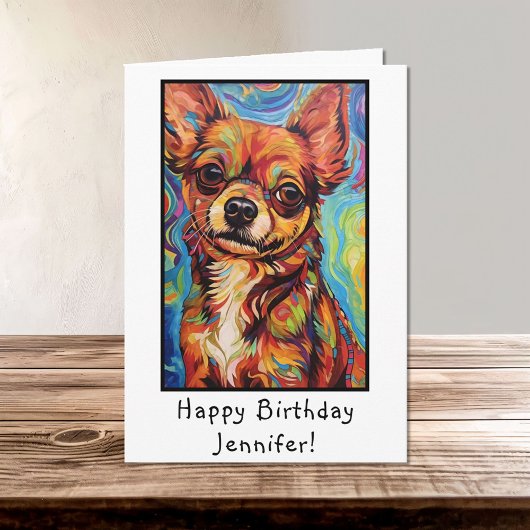 Abstracte bruine chihuahua dog happy birthday naam kaart