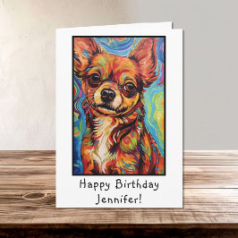 Abstracte bruine chihuahua dog happy birthday naam kaart