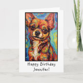 Abstracte bruine chihuahua dog happy birthday naam kaart (Voorkant)