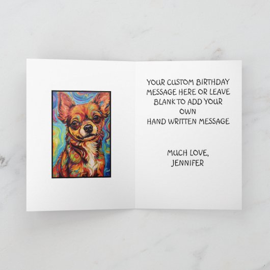 Abstracte bruine chihuahua dog happy birthday naam kaart (Binnen)