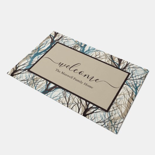 Abstracte bruine takken script familienaam welkom deurmat (Schuin)