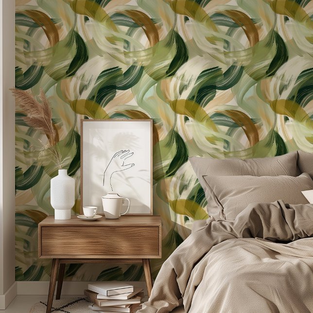 Abstracte Brushstroke Wallpaper Groen & Beige Behang (Creator heeft geüpload)