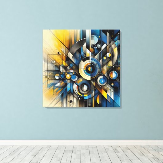 Abstracte Canvas in Blauw, Geel, Zwart (Insitu (Houten vloer))