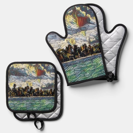 Abstracte Caraïbisch Beach Brick-kunst Ovenwant & Pannenlap Set (Voorkant / Achterkant)