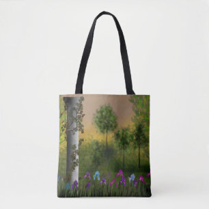 Abstracte cartoon digitale landschapsbosbomen flo tote bag