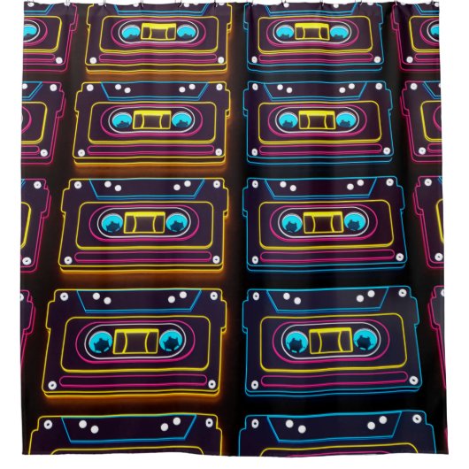 Abstracte cassettebandneonretro-muziek van backgro douchegordijn (Voorkant)