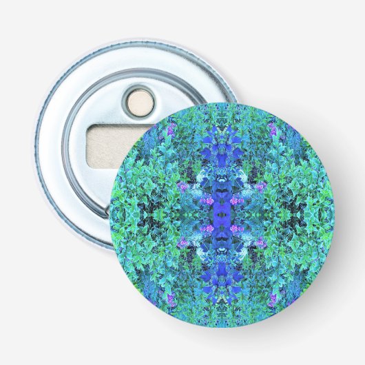 Abstracte Chartreuse en Blauwe Bladpatroon Button Flesopener (Voorkant)