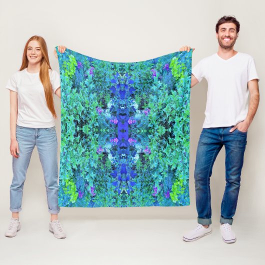 Abstracte Chartreuse en Blauwe Bladpatroon Fleece Deken (In situ)